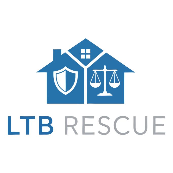 Logo for LTR Rescue featuring a shield and scales within a house outline.